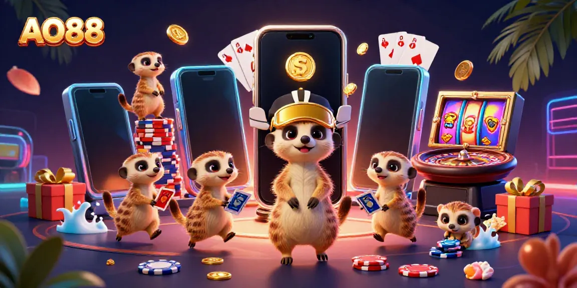 Meerkats managing the vibrant AO88 casino with dynamic gaming elements, creating an engaging atmosphere.