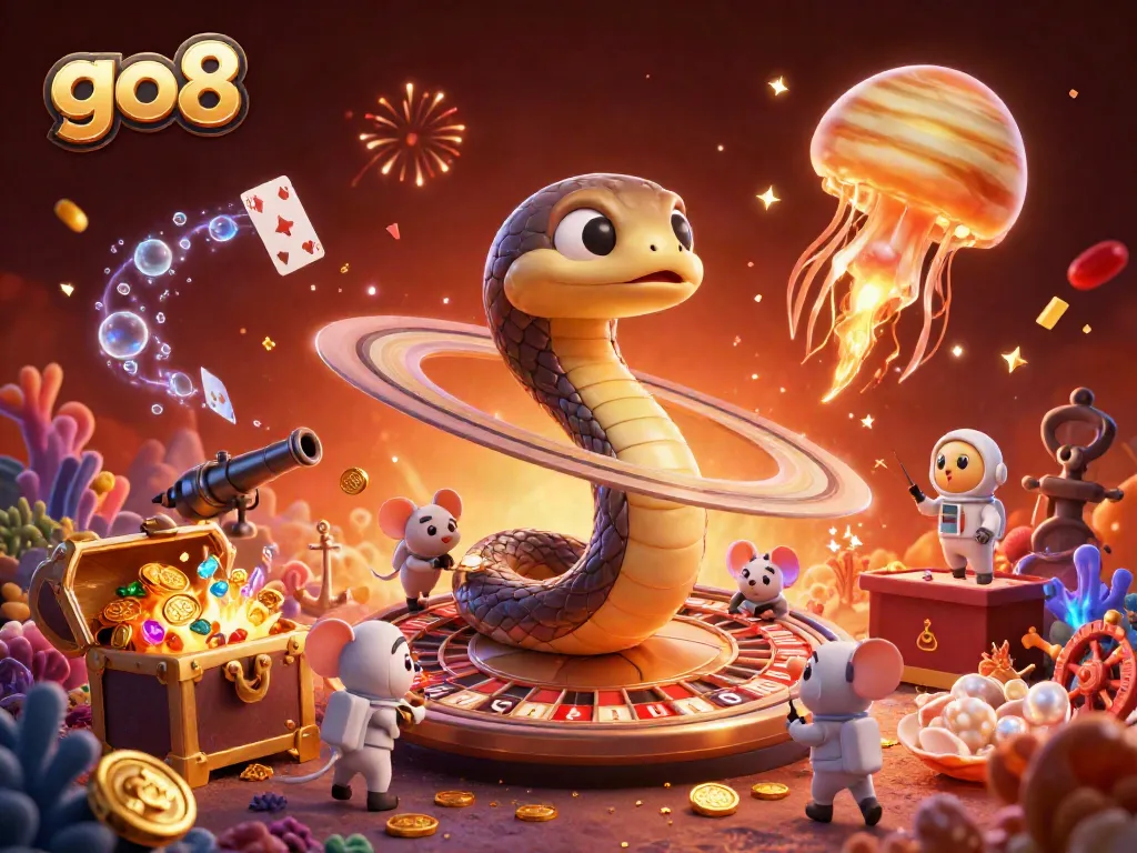 Spin the go8 roulette with astronaut mice betting on cosmic elements in this vibrant illustration.