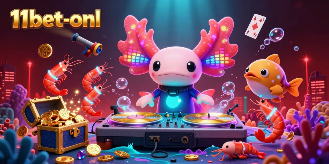 Experience the vibrant action at 11bet-onl with cartoon axolotl DJ and treasure chests in a lively underwater scene.