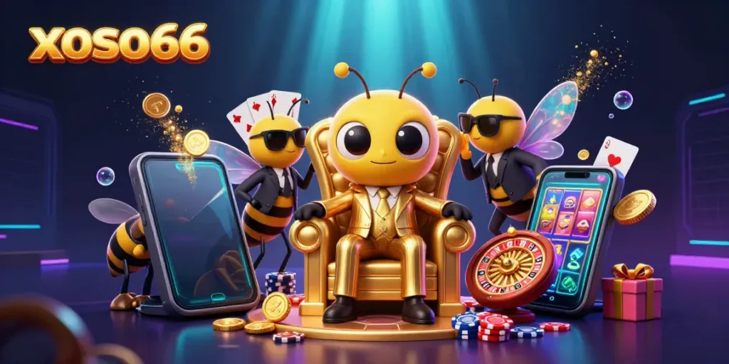 Engage with xoso66 as the bumblebee mob boss presides over a vibrant gaming throne room.