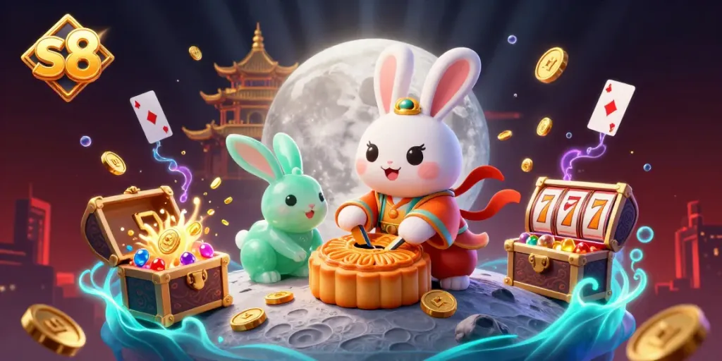 Engage in thrilling s8 casino games featuring a lunar rabbit pounding mooncakes revealing poker chips.