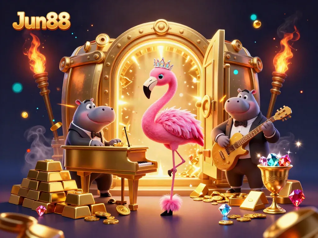Catch the excitement at Jun88 with a vibrant 3D casino scene featuring lively characters and golden treasures.