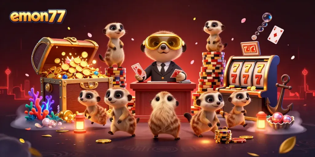 Experience the excitement of emon77 with lively meerkats operating a casino in a vibrant underwater scene.