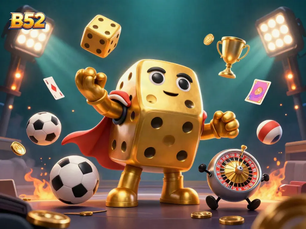 Engage in thrilling games at B52, featuring golden dice, sports balls, and vibrant casino elements.