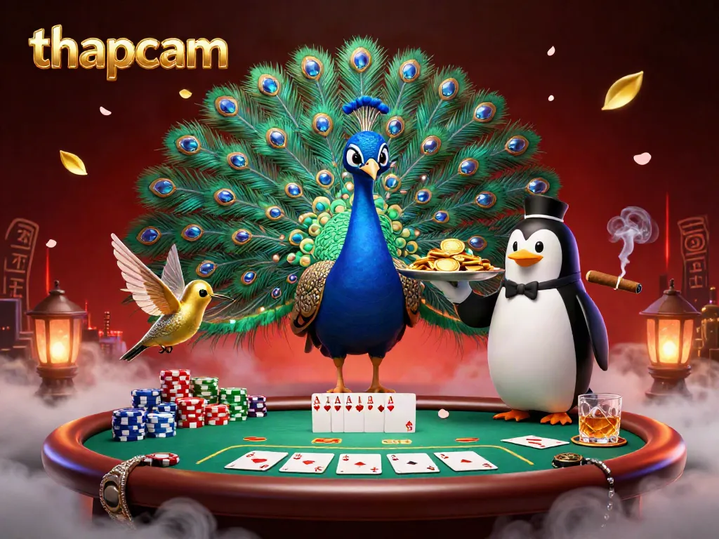 Experience thapcam's vibrant online casino action with ultra-detailed peacock characters and colorful chips.