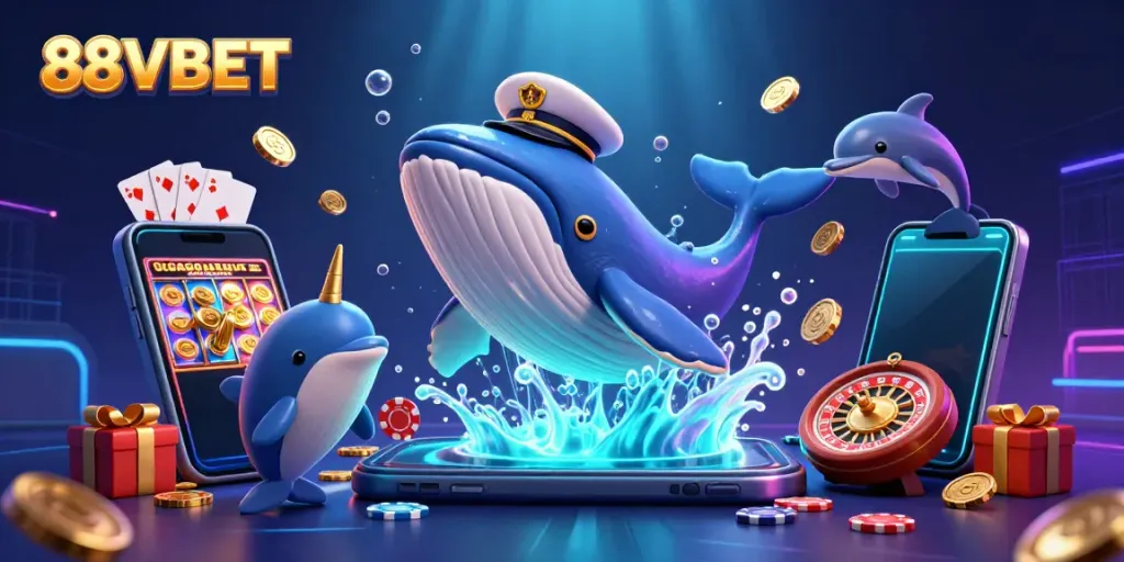 Experience thrilling wins at 88VBET with giant whale and playful dolphins in a vibrant casino scene.