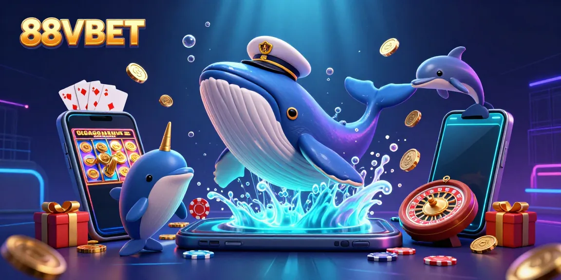 Experience thrilling wins at 88VBET with giant whale and playful dolphins in a vibrant casino scene.