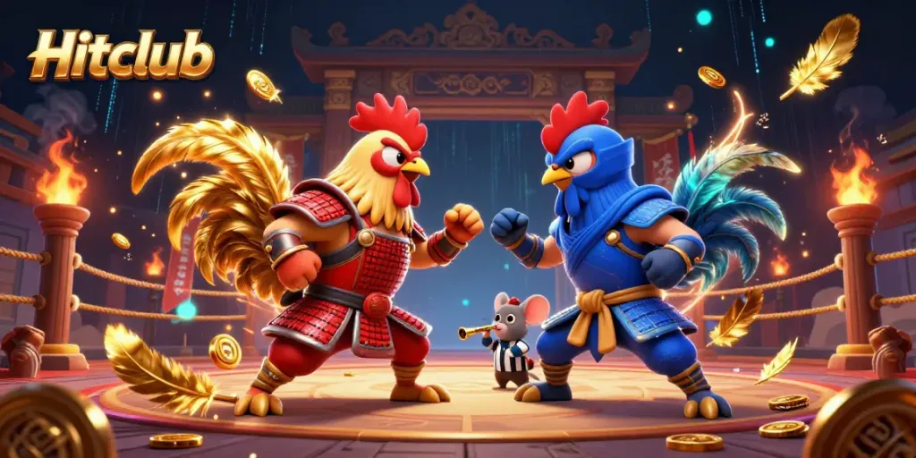 Hitclub offers a thrilling gaming experience with twin roosters battling amidst dynamic casino elements and golden coins.