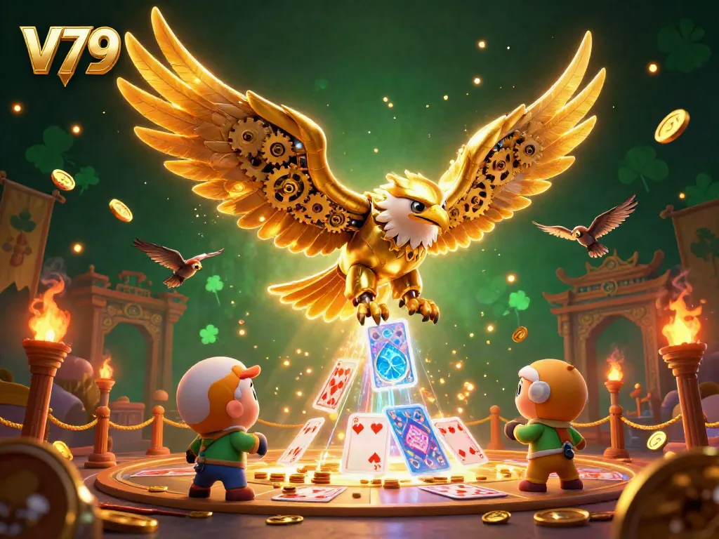 Hội viên trải nghiệm game tại V79 với đại bàng vàng và bài holographic thú vị.