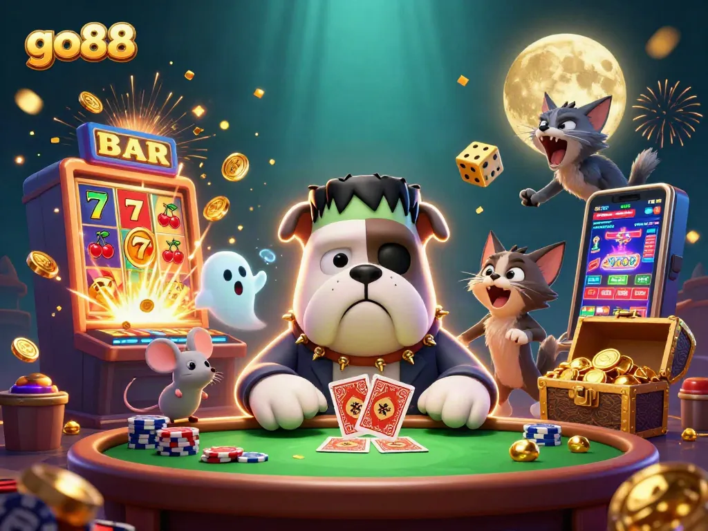 Experience the thrill of go88 with a lively casino scene featuring cartoon characters and slot machines!