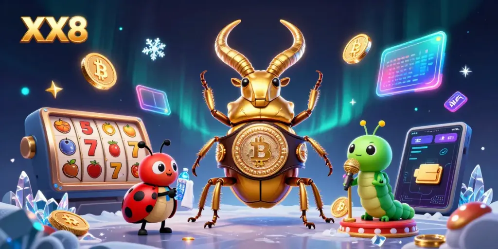Engage in thrilling slot games and entertainment with XX8's dynamic cartoon illustration.
