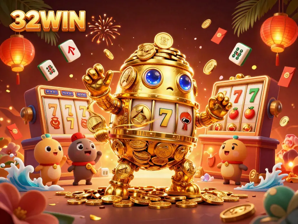 Experience thrilling gameplay with 32WIN's vibrant casino scene, featuring a golden golem and slot symbols.
