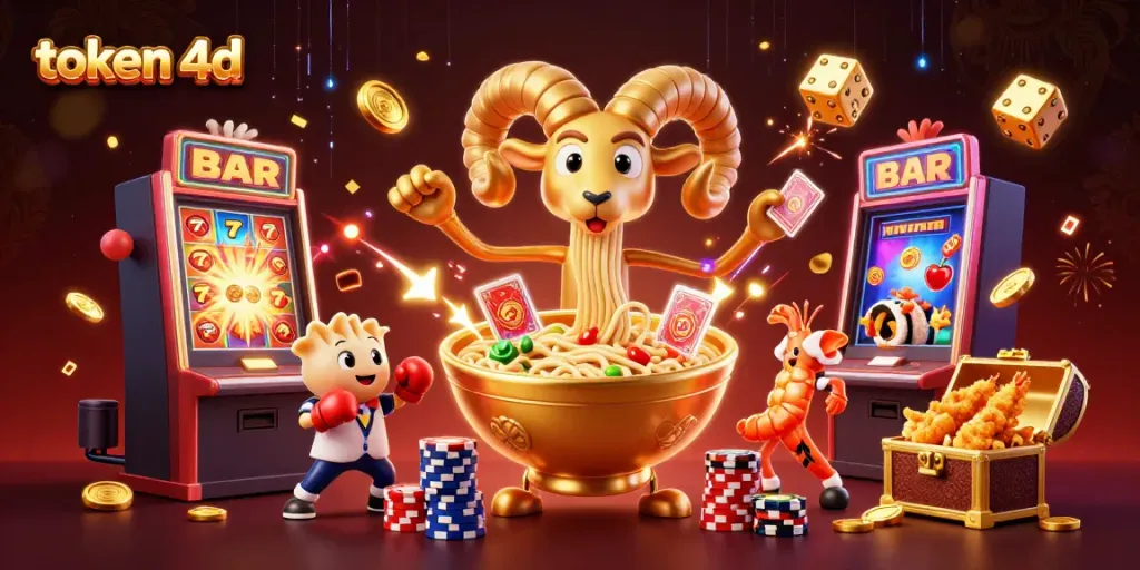 Menangkan jackpot di TOKEN 4D dengan karakter kartun yang unik dan simbol kasino berkilauan.