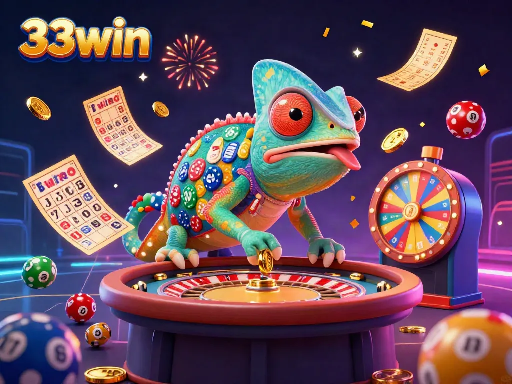 Experience the excitement of 33win with a vibrant 3D chameleon casino owner amidst colorful gambling elements.