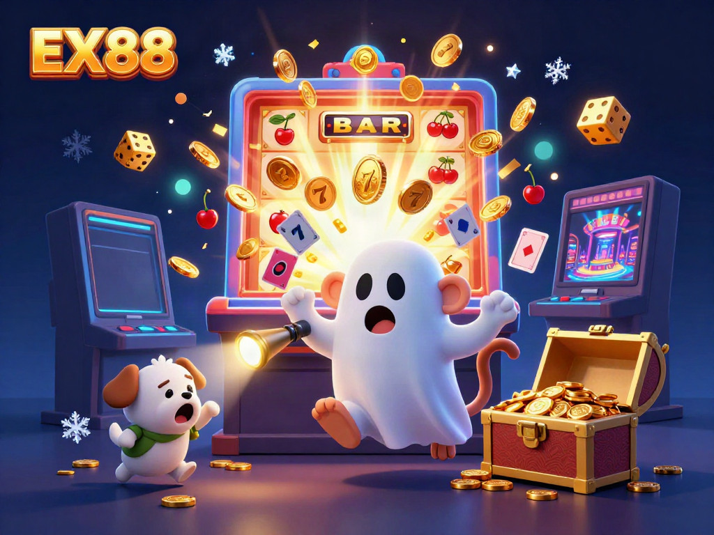 Engage in thrilling gaming action with EX88 at a vibrant casino adorned with golden coins and fun characters.