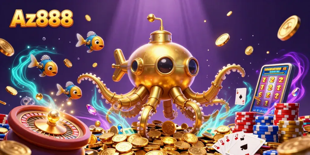 Az888 showcases dynamic casino excitement with a vibrant kraken submarine and golden treasures.