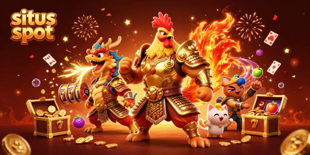 Ilustrasi 3D dari situs slot dengan karakter petarung ayam dan naga di suasana kasino yang meriah.