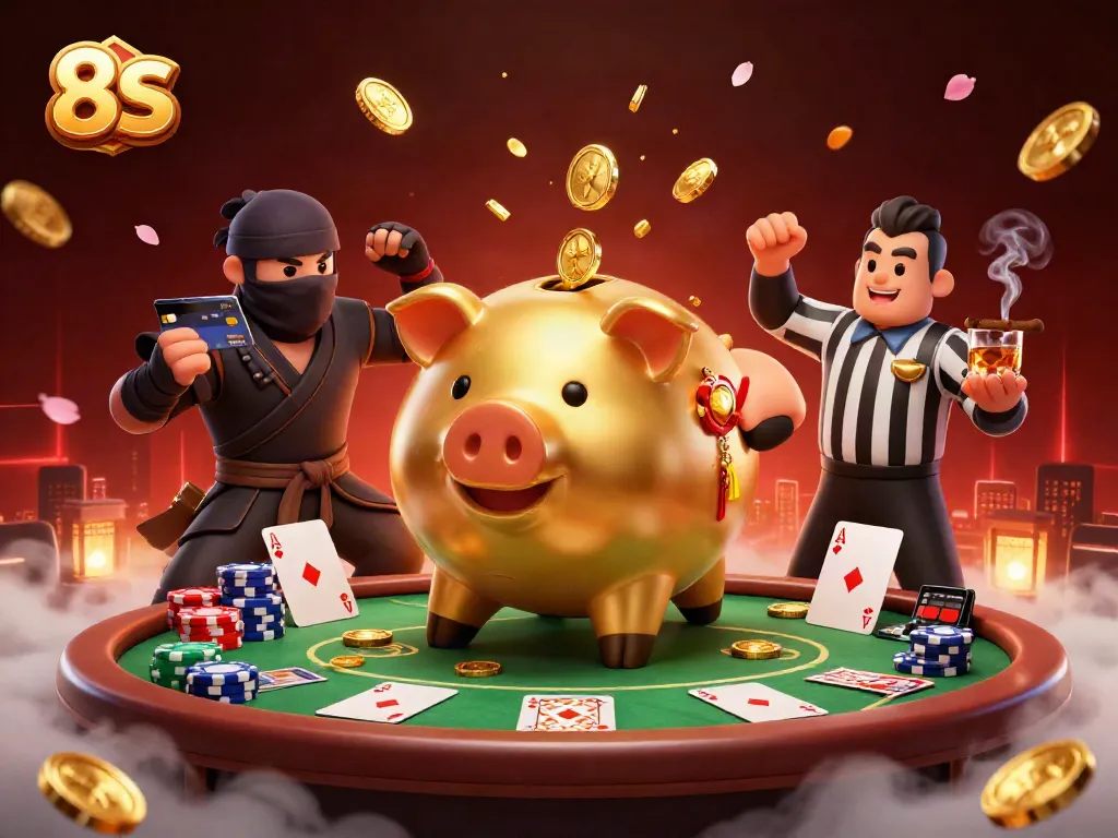 Experience thrilling 8S casino action with cartoon characters battling over poker riches and colorful coins.