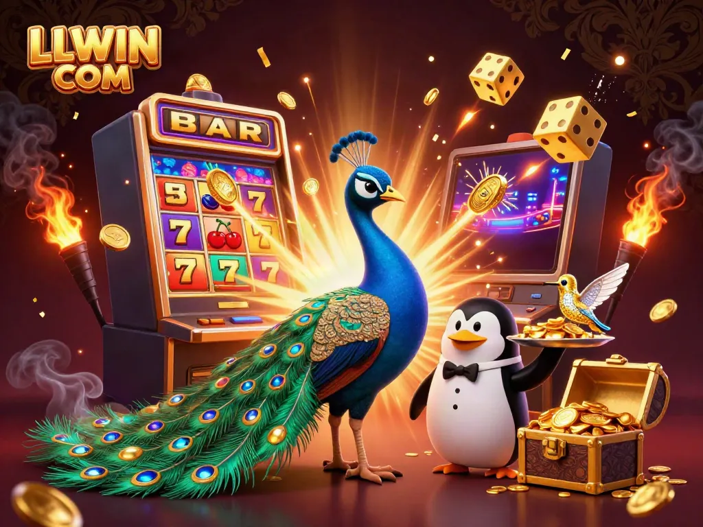 Engage in thrilling games at LLWIN COM, featured in a vibrant 3D casino scene with dynamic characters and gaming elements.