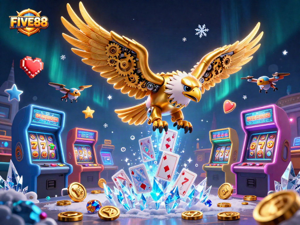 Engage in thrilling gameplay at FIVE88, featuring a cybernetic eagle amidst holographic cards and casino elements.
