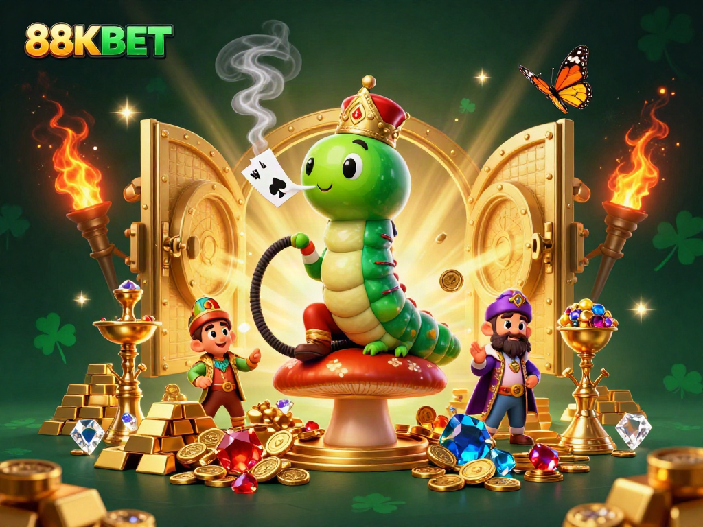 Experience the vibrant world of 88KBET with a 3D cartoon illustration featuring a whimsical caterpillar and treasure.