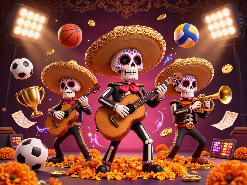 Engage with debet sports action featuring vibrant 3D mariachi band and flying gambling elements.