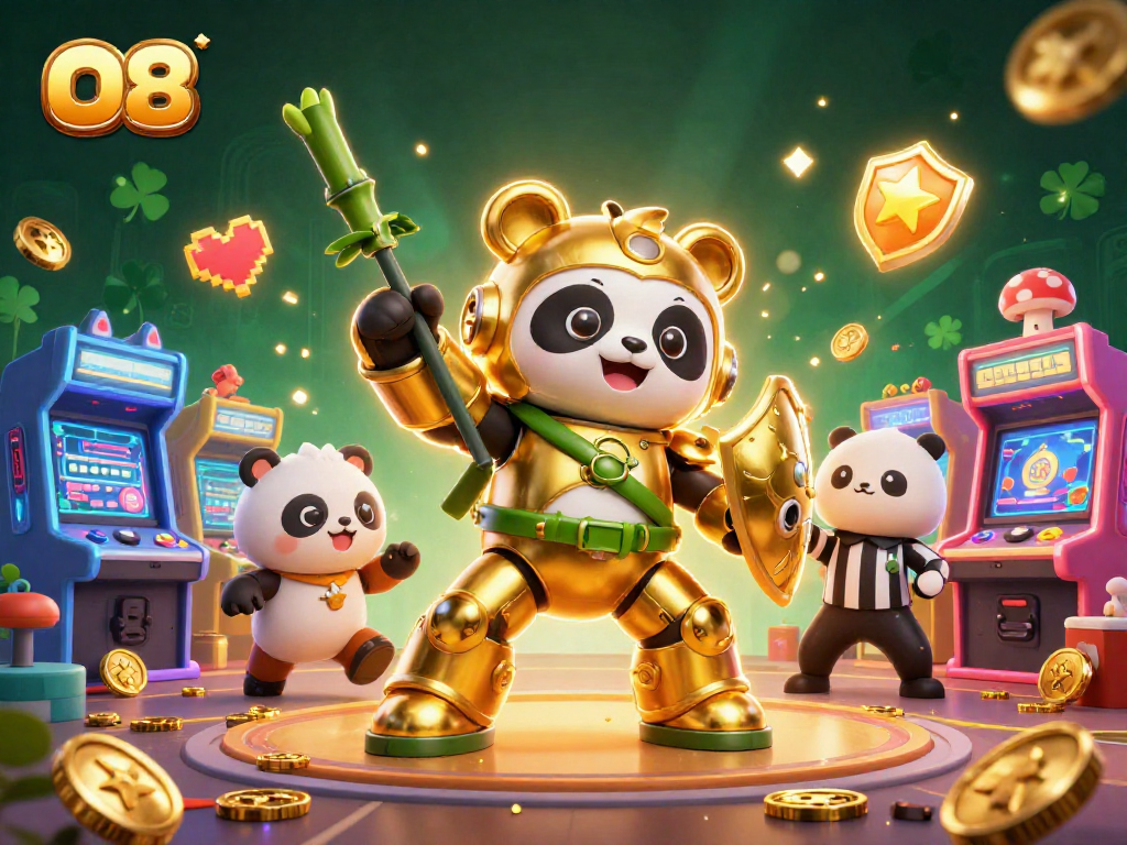 Join the exciting O8 casino experience featuring vibrant gaming elements and a unique mech-suit panda!
