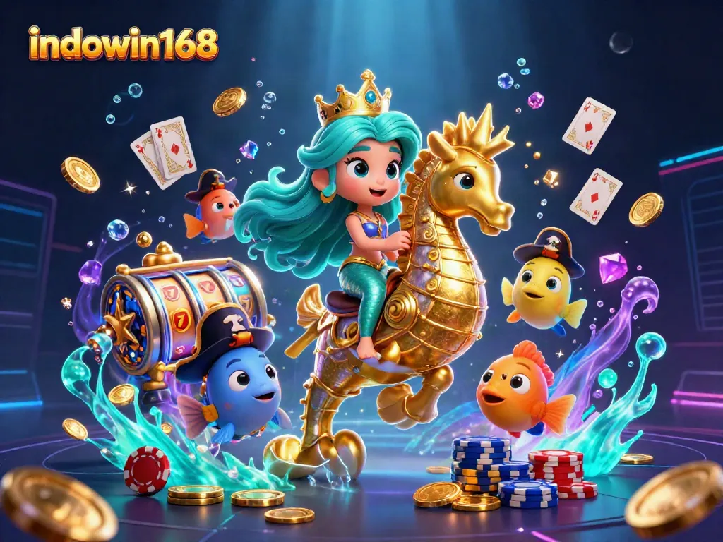 Win big with indowin168 at this vibrant underwater casino scene featuring a mermaid and treasures.