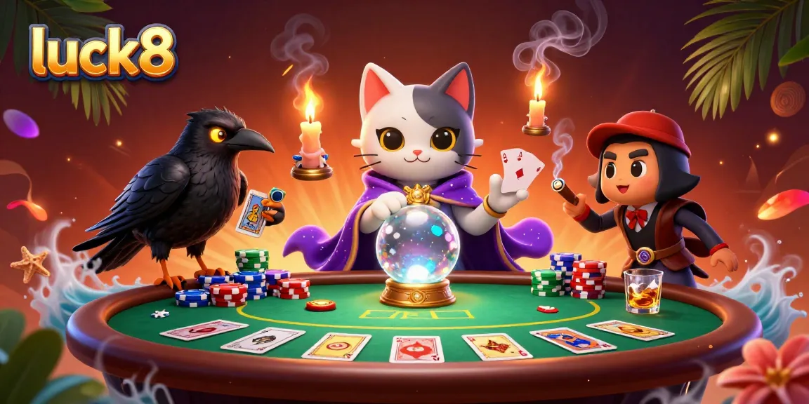 Experience the excitement at luck8 with captivating fortune teller elements surrounding a vibrant poker scene.