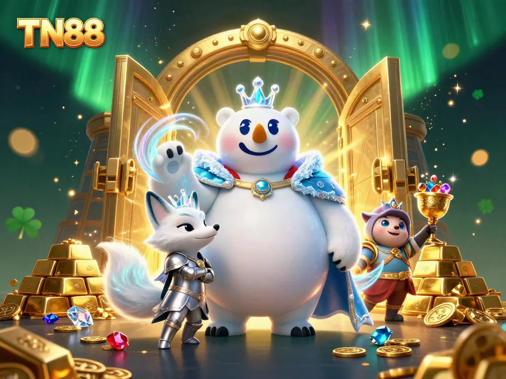 Experience TN88 in a dynamic casino scene featuring a regal polar bear and magical fox amidst treasures.