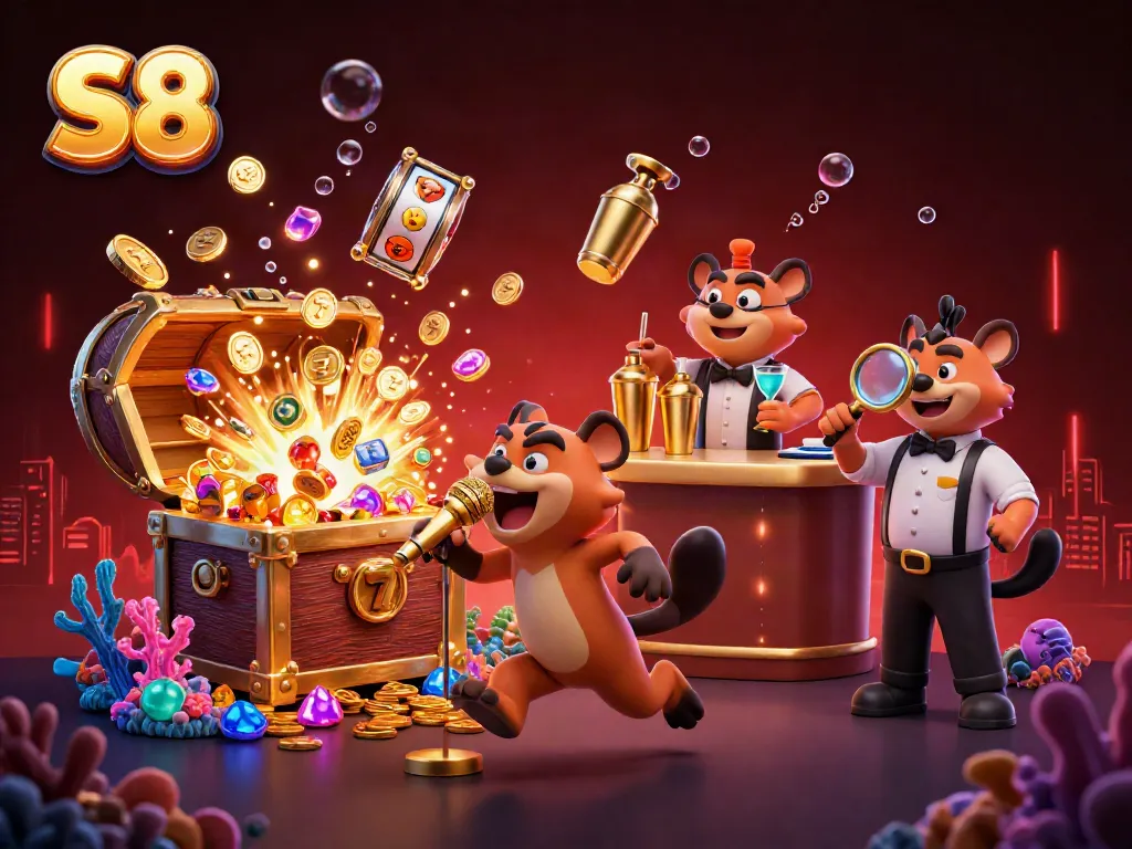 S8 showcases a comedic casino scene with hyenas performing, capturing vibrant gambling energy.