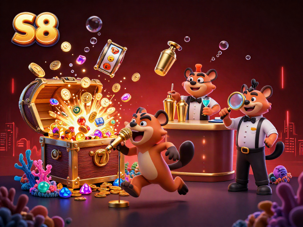 S8 showcases a comedic casino scene with hyenas performing, capturing vibrant gambling energy.