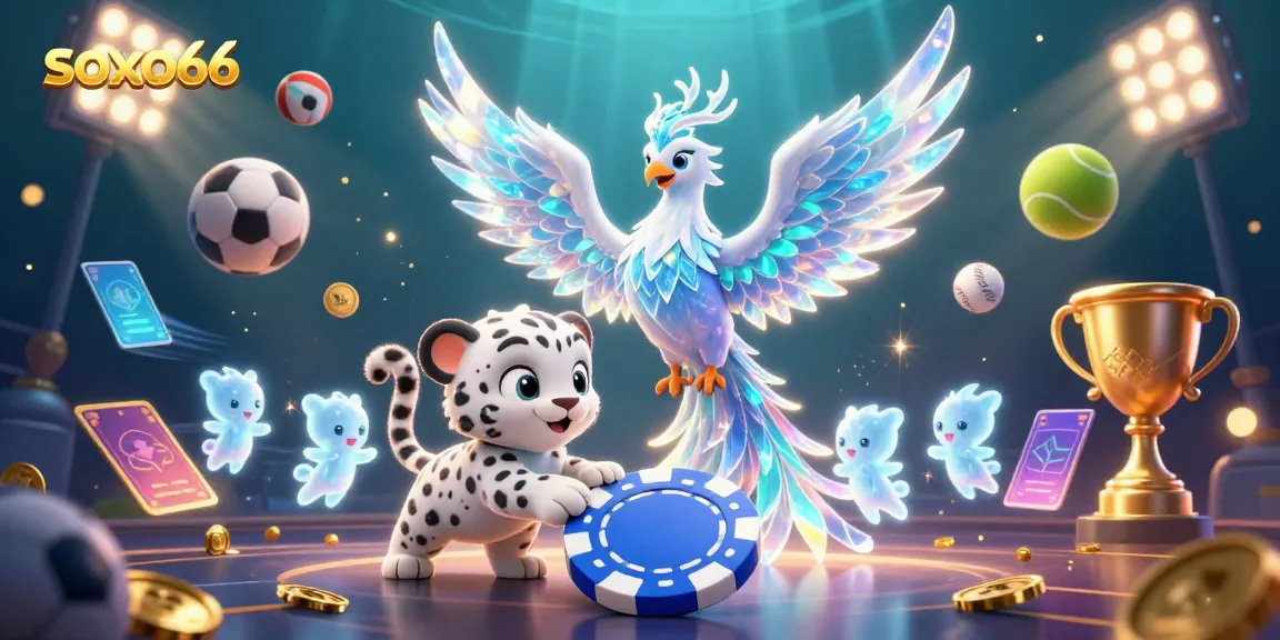 Experience soxo66 with a magical scene featuring a majestic ice phoenix and playful characters amid vibrant casino elements.