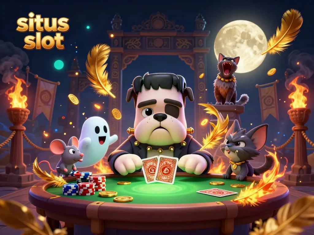 Savor the excitement of situs slot gameplay with a 3D monster dealing cards at a ghostly casino table.