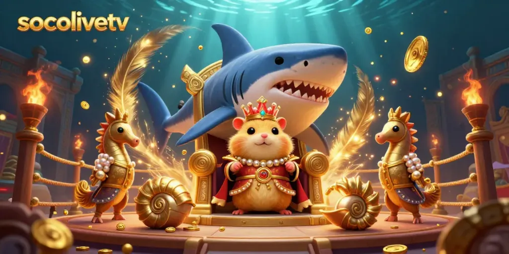 Socolivetv showcases a golden hamster king in a 3D illustration, ruling over a casino-themed underwater realm.