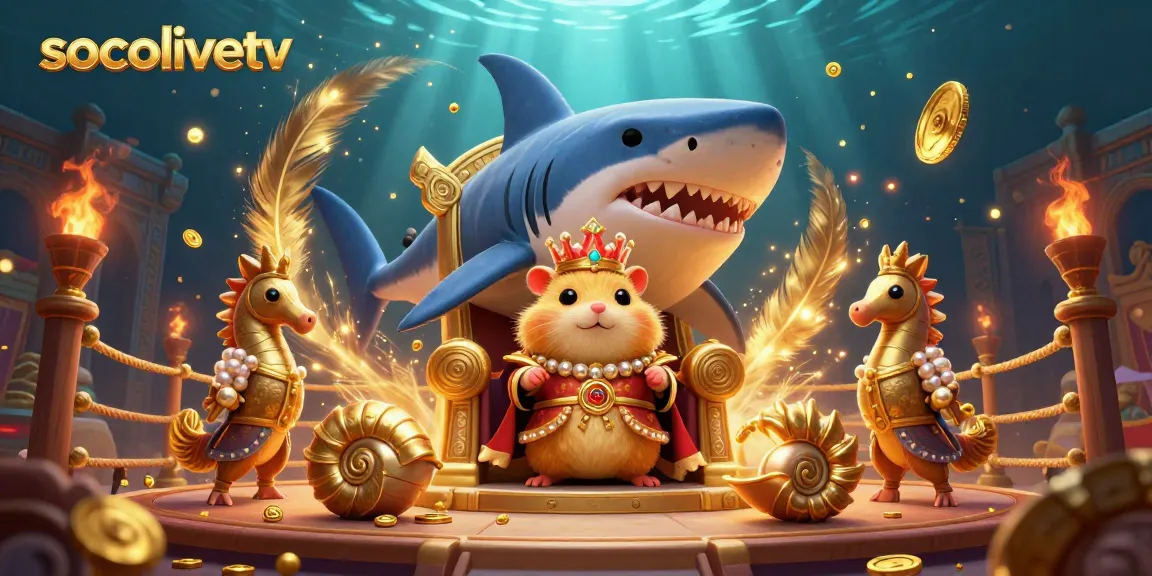 Socolivetv showcases a golden hamster king in a 3D illustration, ruling over a casino-themed underwater realm.
