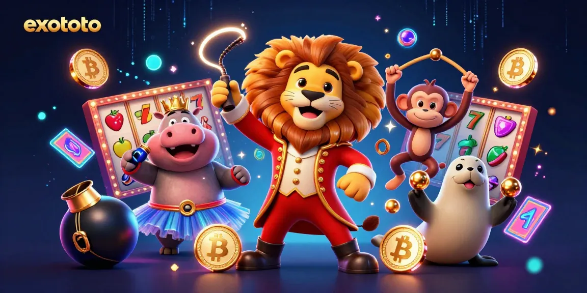 Gambaran menarik tentang Exototo yang menggambarkan suasana bermain slot gacor dengan karakter hewan yang ceria dan simbol keberuntungan.