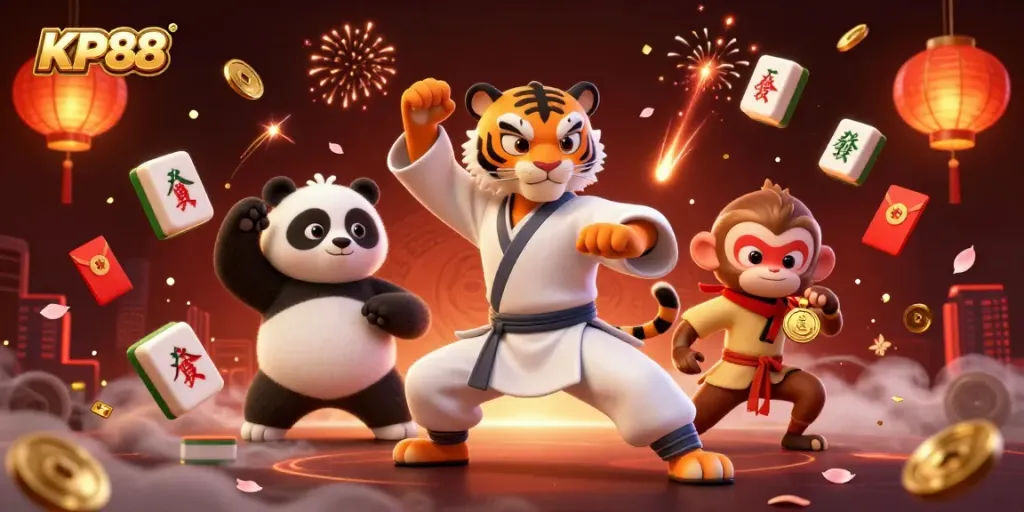 KP88 showcases a vivid scene with a kung fu tiger master, panda disciple, and cheeky monkey, embodying casino excitement.