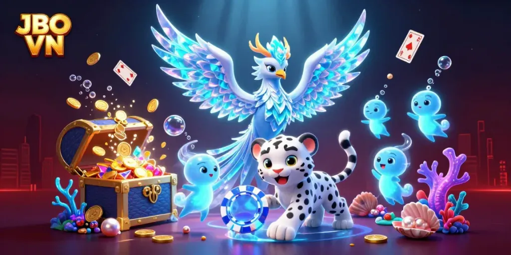 Experience thrilling games at JBO VN with a vibrant 3D scene of an ice phoenix and playful elements.