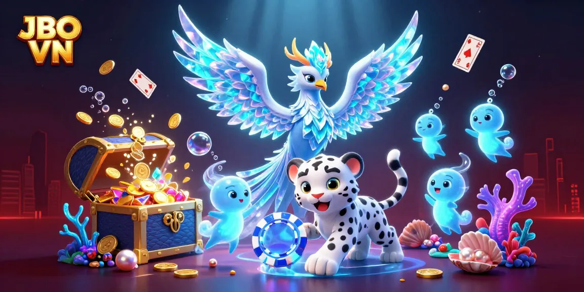 Experience thrilling games at JBO VN with a vibrant 3D scene of an ice phoenix and playful elements.