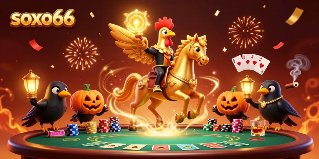 Soxo66's vibrant casino scene with golden rooster and friends playing poker under colorful confetti.