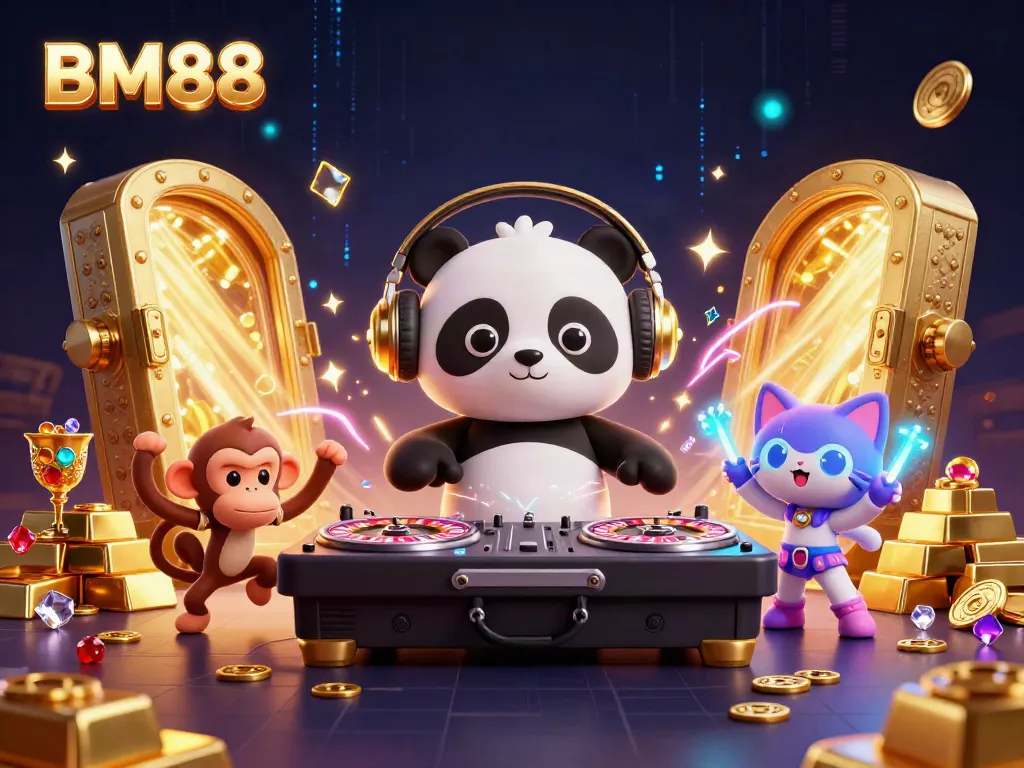 DJ panda entertains with BM88, surrounded by gold treasures and vibrant characters.