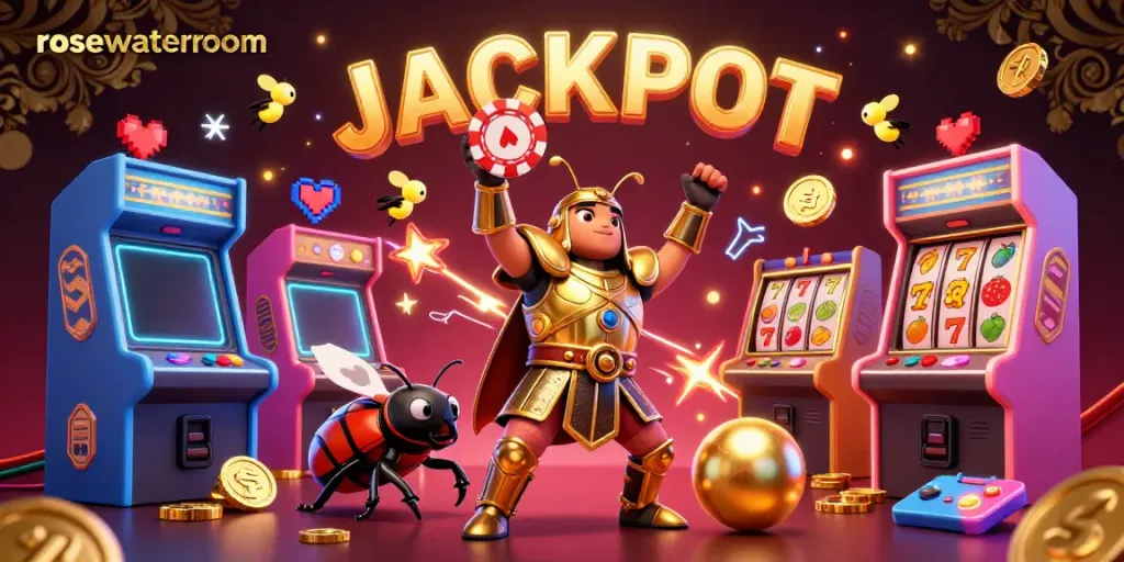 Experience the thrill of winning at rosewaterroom with a vibrant 3D casino scene featuring a triumphant beetle character.