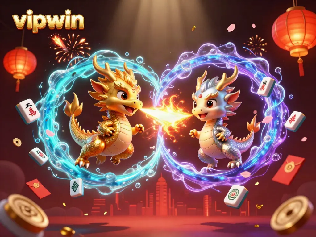 Experience thrilling play with vipwin's engaging 3D imagery featuring golden and silver dragons and casino elements.