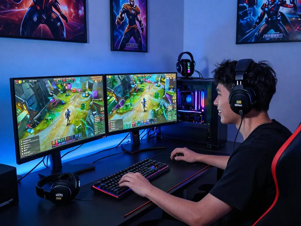 Gamer immersed in gameplay with warung168 gaming setup showcasing vibrant monitors and accessories.