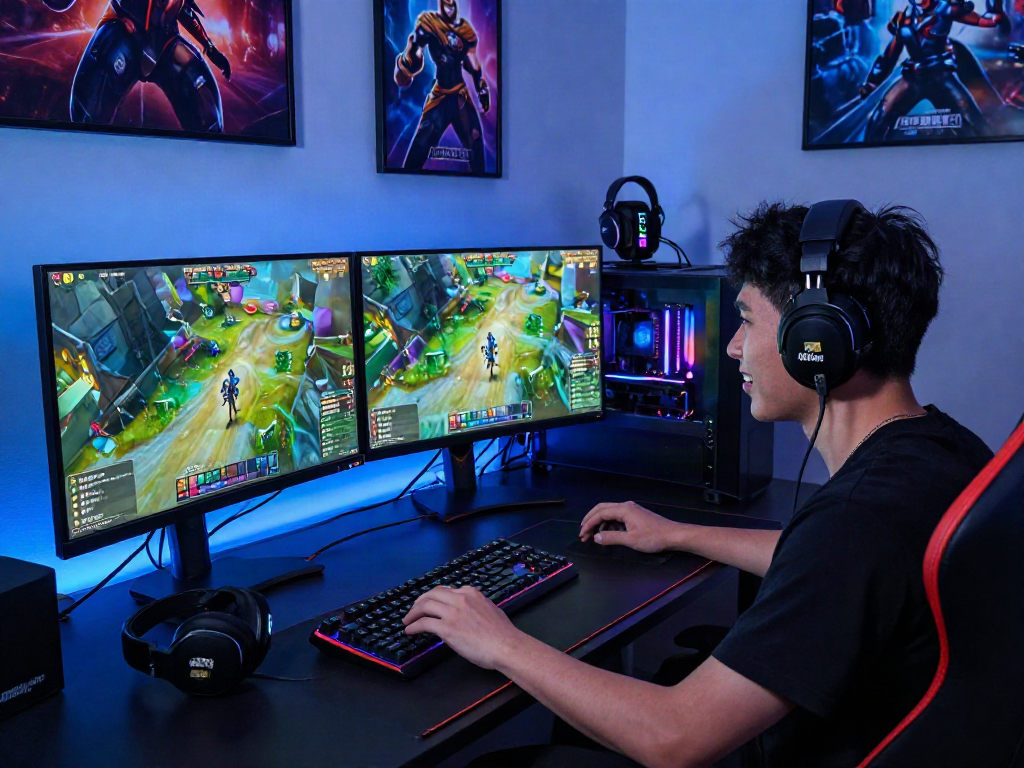 Gamer immersed in gameplay with warung168 gaming setup showcasing vibrant monitors and accessories.