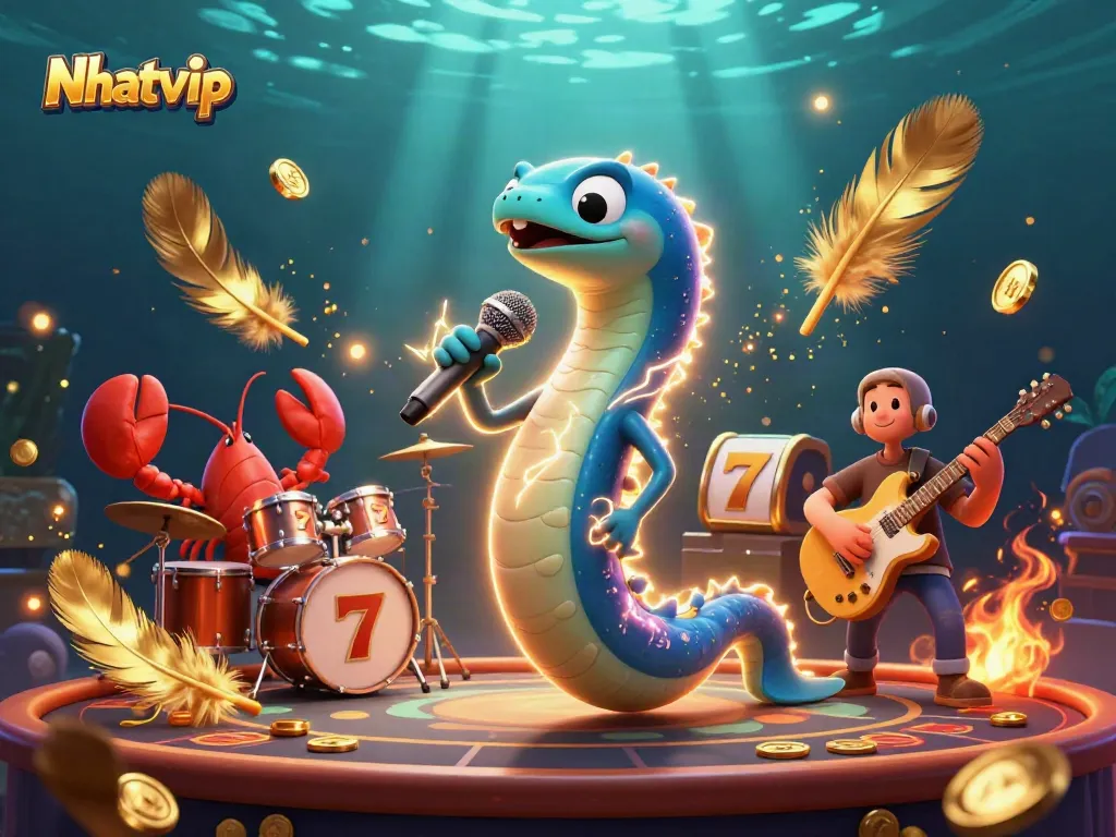 Nhatvip offers an electrifying underwater casino experience with an animated eel DJ, surrounded by gold coins and slot reels.