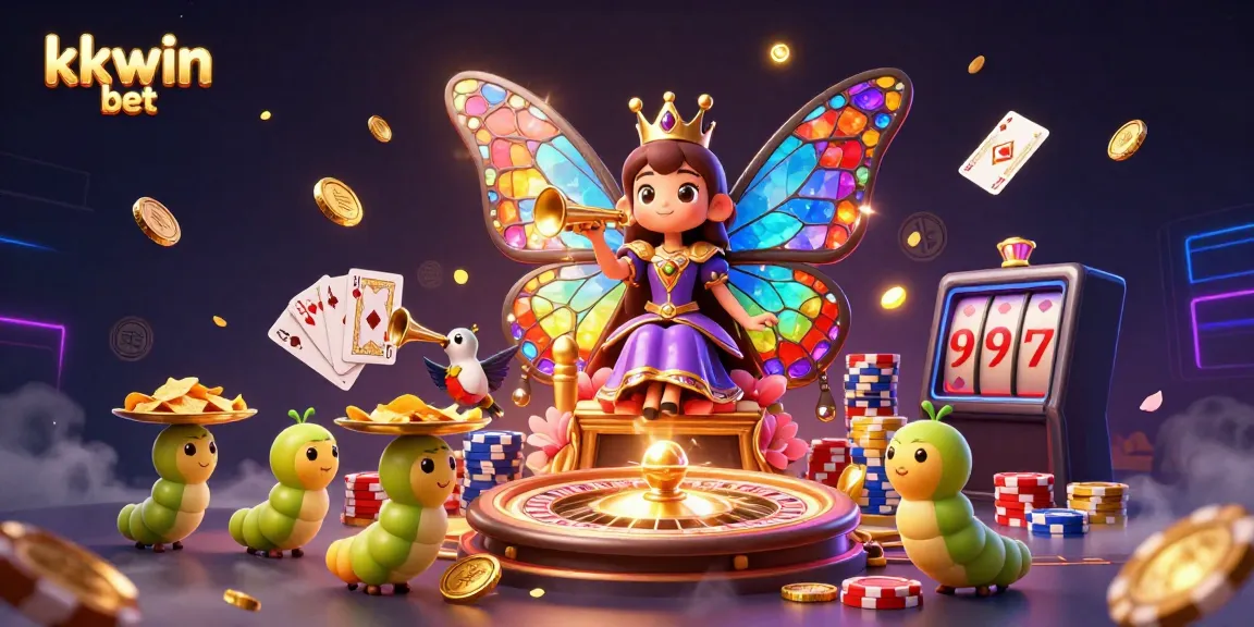 Engage with the vibrant world of kkwin bet, featuring a butterfly queen amidst dazzling casino elements and treasures.