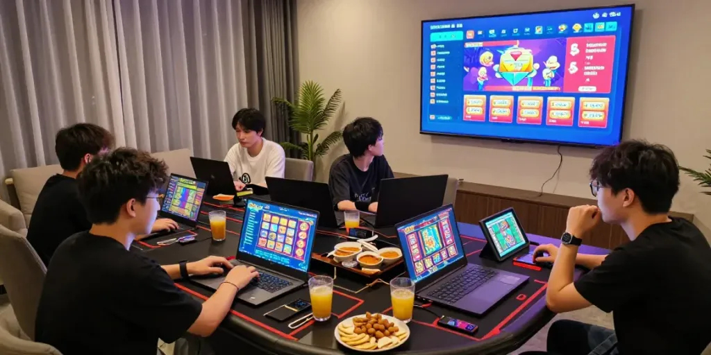 Engaging scene of players enjoying lumbung88 online slot games in a lively home setting