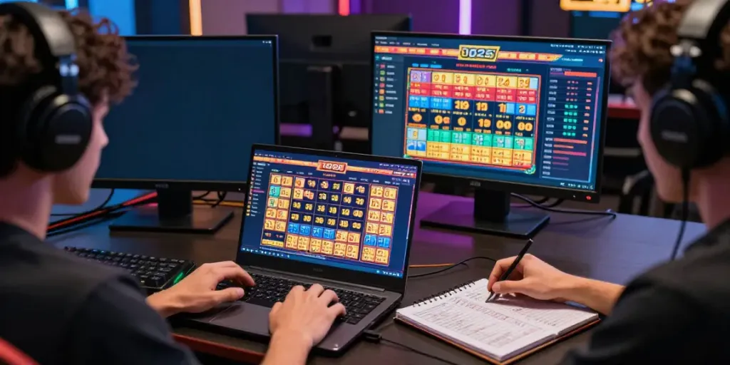 Engaged player participating in togel gaming on laptop with vibrant results displayed.